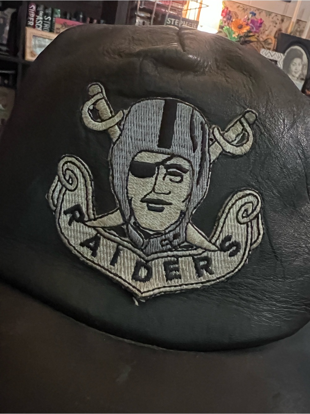 Oakland Raiders Black Leather Cap with Embroidered Logo